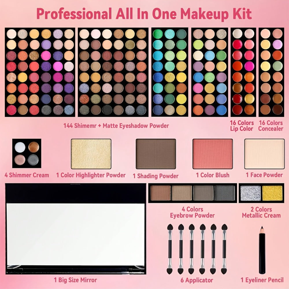 Makeup Palette Kit 190 Colors by MISS ROSE – 4-in-1 Full Face Set with Eyeshadow, Blush, Powder & Eyebrow, 8 Brushes & Mirror, Professional Makeup Kit for Women, Girls & Beginners