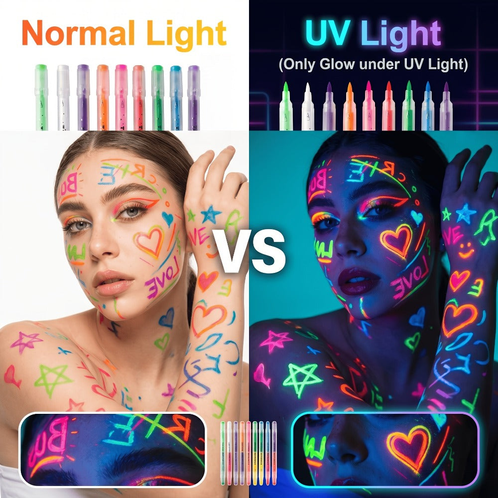 Face Body Paint Pens 18 Colors with Reusable Stencils - Washable Neon Glow in the Dark Makeup Pens for Parties Events Magic Shows Performances Body Art