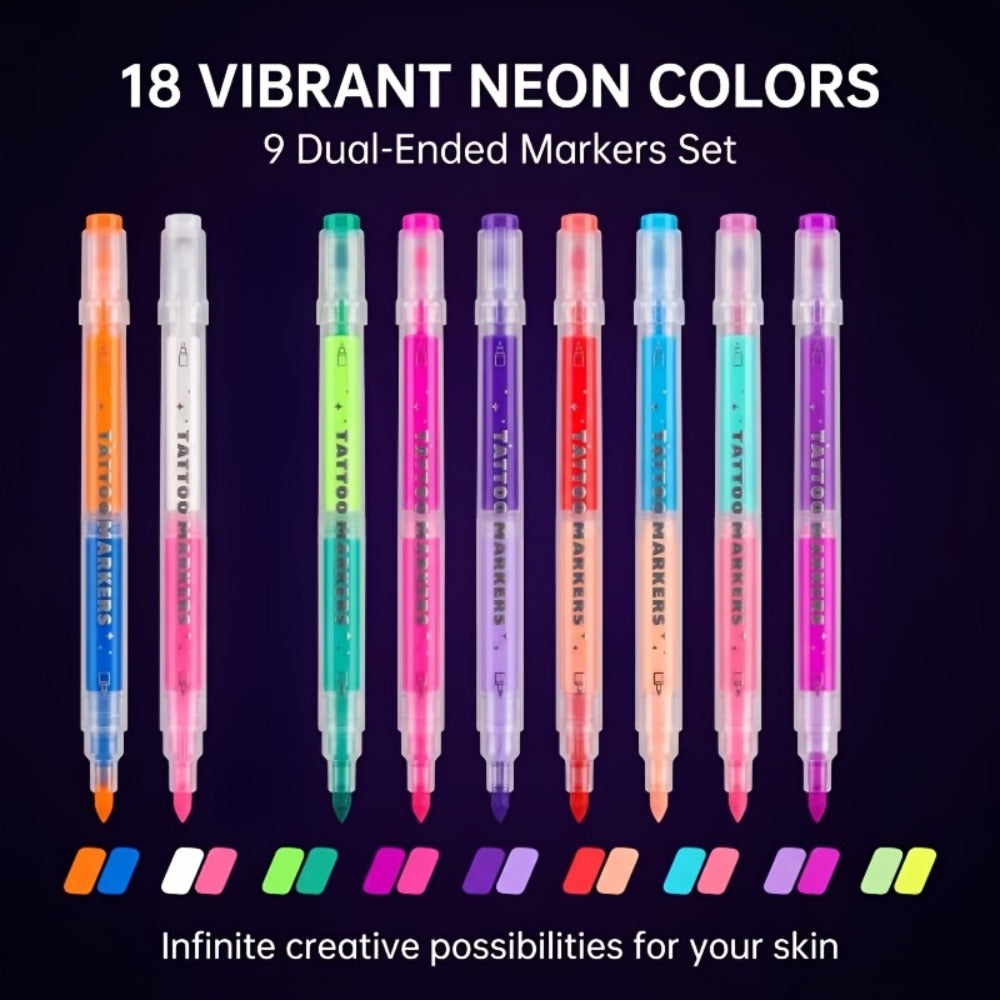 18-Color Face And Body Painting Pens And Reusable Stencil Set - Washable Doodle Makeup Pens, Erasable Glow Pens, This Neon Face Painting Pen for Parties, Commercial Events, Magic Shows, And Special Performances, Glow-In-The-Dark Body Painting