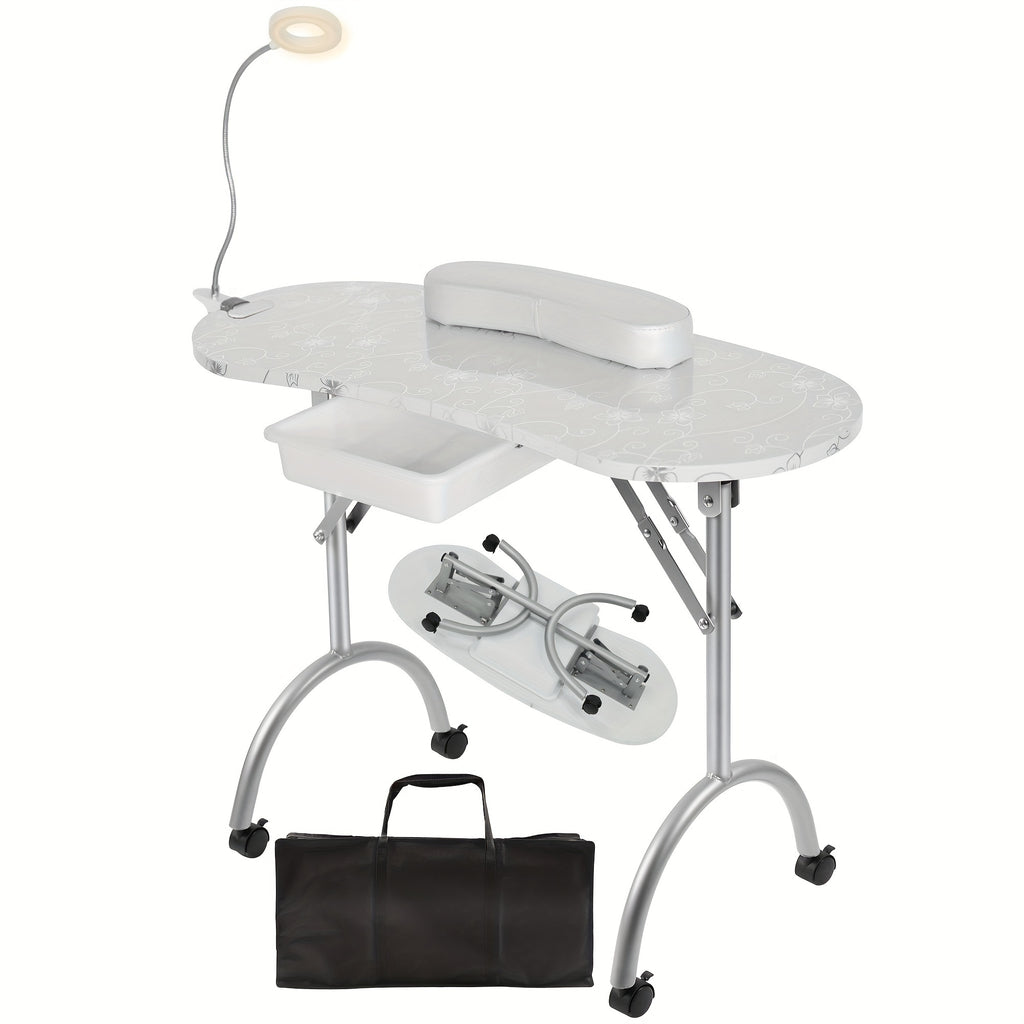 Foldable Nail Table for Manicures, Featuring a Drawer, LED Lamp, Four Lockable Wheels, And a Carrying Bag, Designed for with a Wrist Cushion
