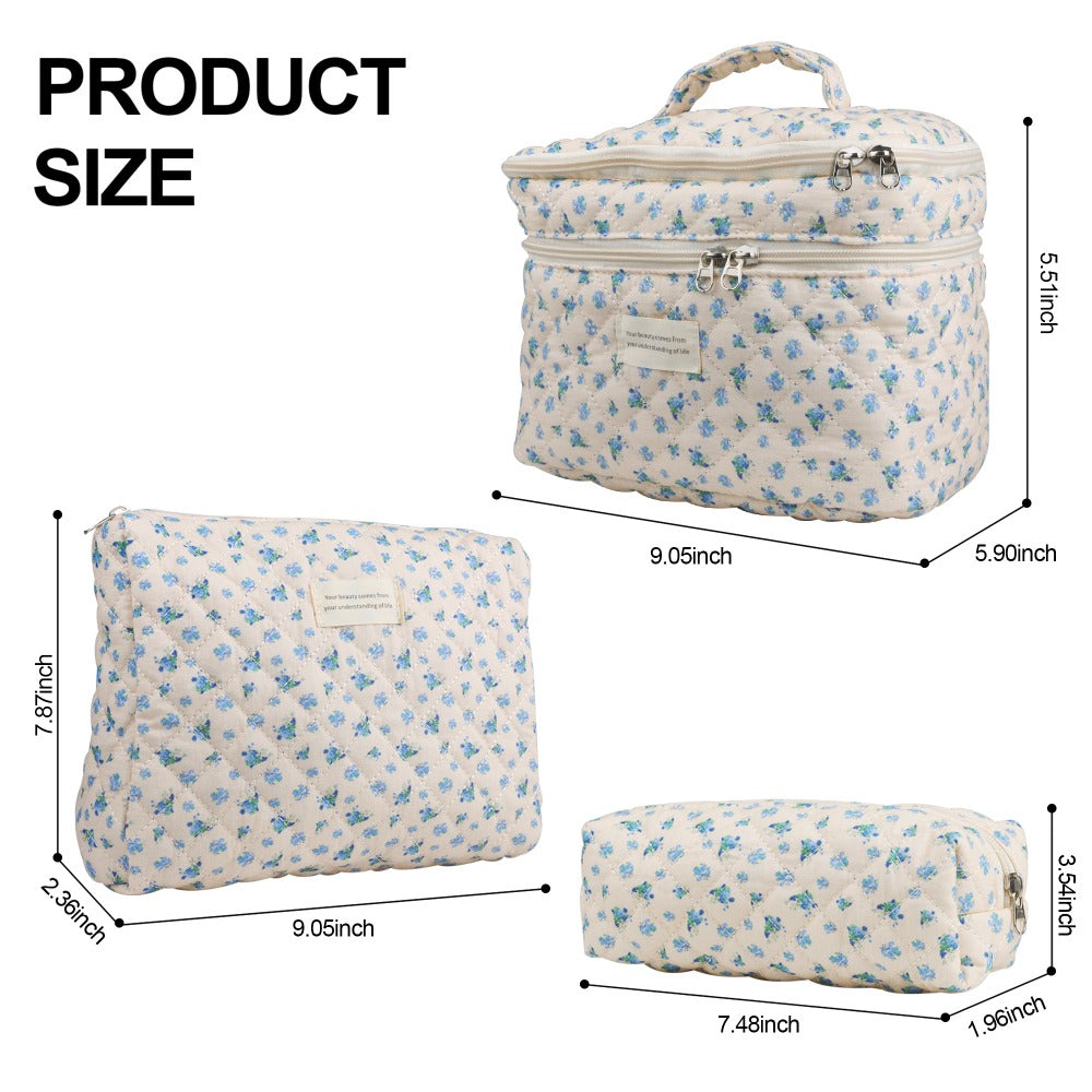 Large Capacity Dual Layer Cotton Makeup Cosmetic Bag (3PCS), Cute Quilted Travel Coquette Aesthetic Floral Make up Bag for Women Toiletry Bag (Blue Rose)