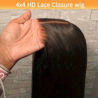 4x4 Lace Closure Wig Human Hair Straight Glueless Pre-Plucked Natural Hairline Black Straight Wig 12-28 Inch Women No Glue Easy Wear Versatile Parting