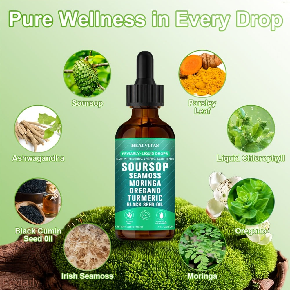 [Herbal Extracts For Health] Soursop Bitters Liquid Drops, Soursop Bitters, 10 In 1 With Sea Moss, Oregano, Ashwagandha, Moringa, Turmeric, Black Seed Oil | Herbal Extracts For Overall Health | Highly Absorbable Natural Formula