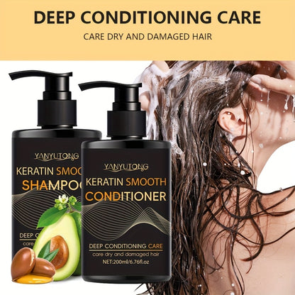Keratin Shampoo and Conditioner Set - Moisturizing Hair Care for Color-Treated & Heat-Damaged Hair, Prevents Breakage & Split Ends, Smoothing Professional Formula, 6.76oz Each (2PCS)