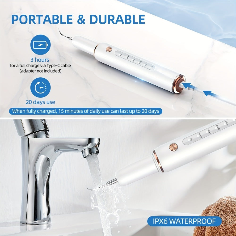 Rechargeable Tooth Cleaner with 5 Speed Modes, IPX6 Splash-Resistant, USB Charging, Mirror And 2 Interchangeable Tips, Tartar Cleaner for Clearing Gaps, Dental Cleaner with LED Light, Dental Cleaner for Stains And Tartar Removal