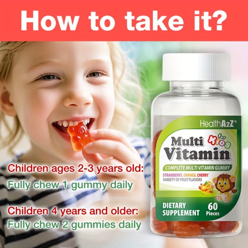 Kids Multivitamin Gummies 60ct | Brain, Eye, Bone & Immune Support | Boost Appetite & Growth | with D3, A, C, E, B6, B12, Folic Acid, Zinc & Choline | Great Taste