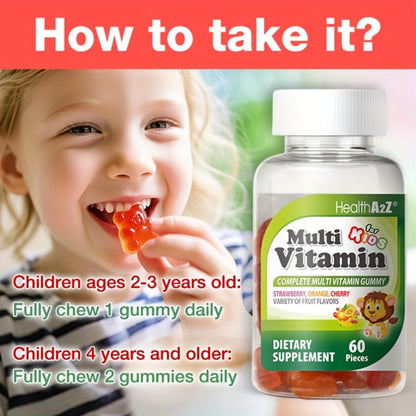 Kids Multivitamin Gummies 60ct with D3, Vitamins A, C, E, B6, B12, Folic Acid, Zinc & Choline for Brain, Eye, Bone & Immune Support, Appetite Boost & Healthy Growth for Children