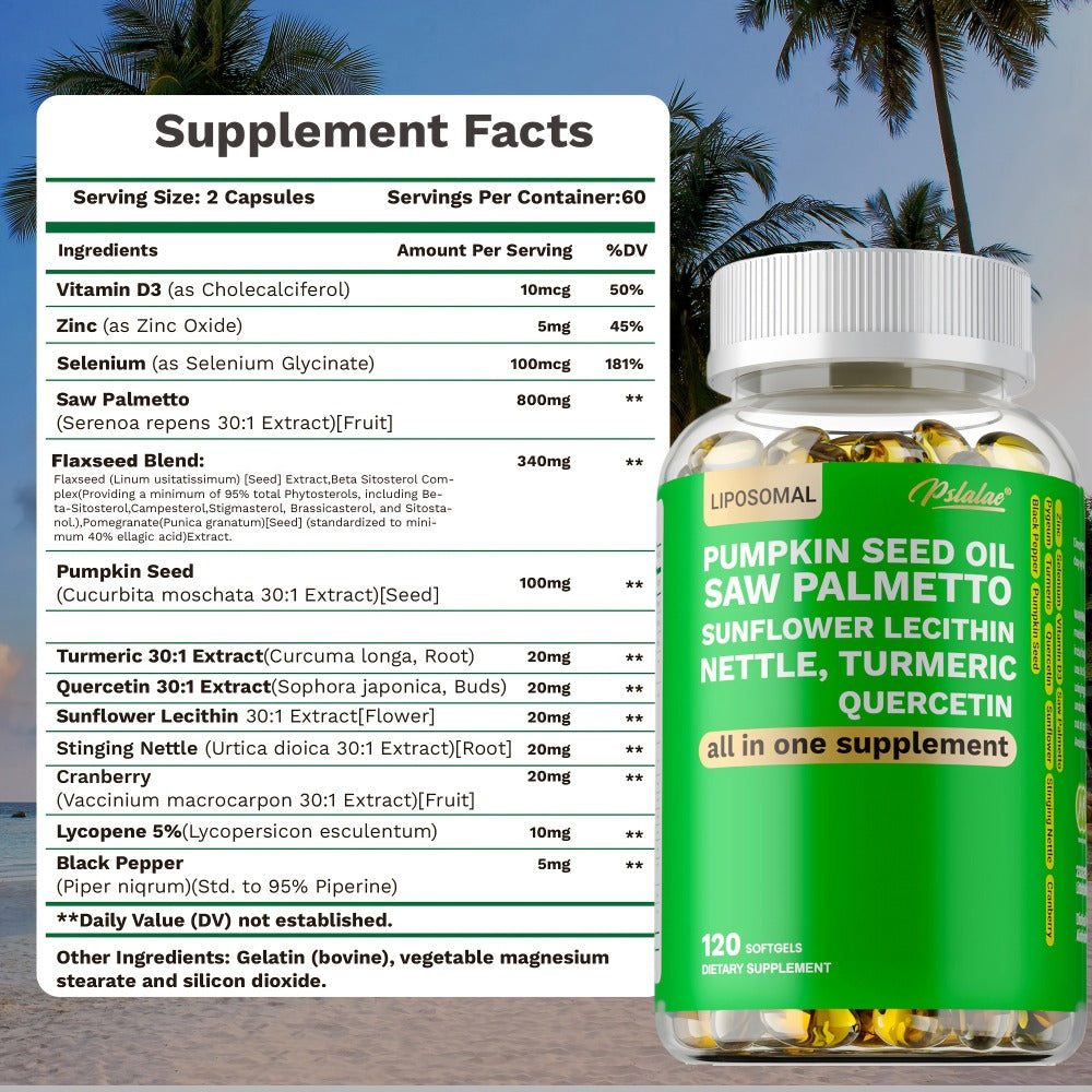 Saw Palmetto - with Pumpkin Seed Oil, Pygeum And Quercetin, Support Heart, Skin, Hair, Urinary, Bladder And, Supports Male Health - 120pcs