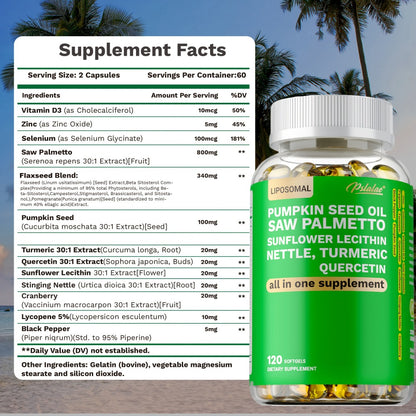 Saw Palmetto Capsules with Pumpkin Seed Oil, Pygeum & Quercetin – Urinary, Bladder, Hair & Heart Health Support for Women & Men | Daily Wellness Supplement | 120 Capsules