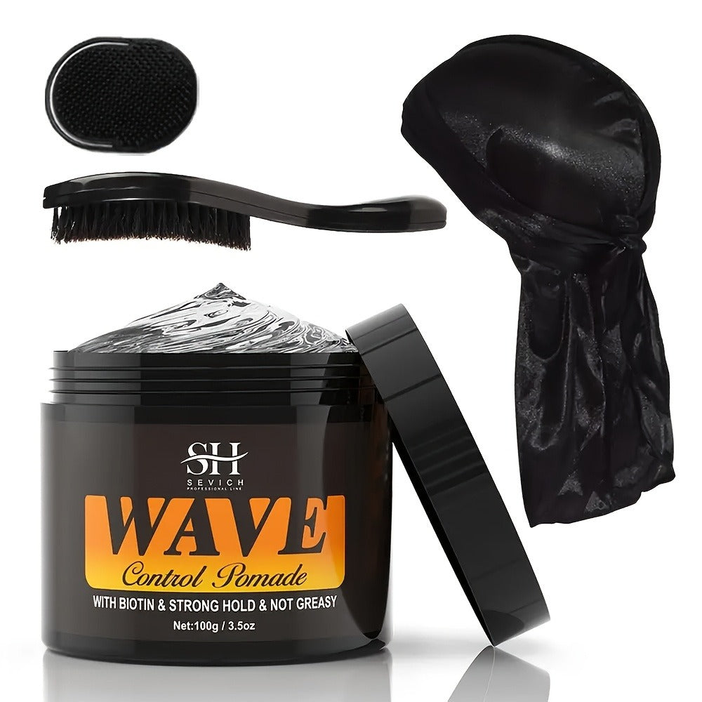 360 Wave Pomade for Men — Strong Hold Hair Styling with Silky Shine & Layered Wave Control, Glycerin Formula, 4-Piece or 5-Piece Set with Silky Durag & Wave Brush, 100g
