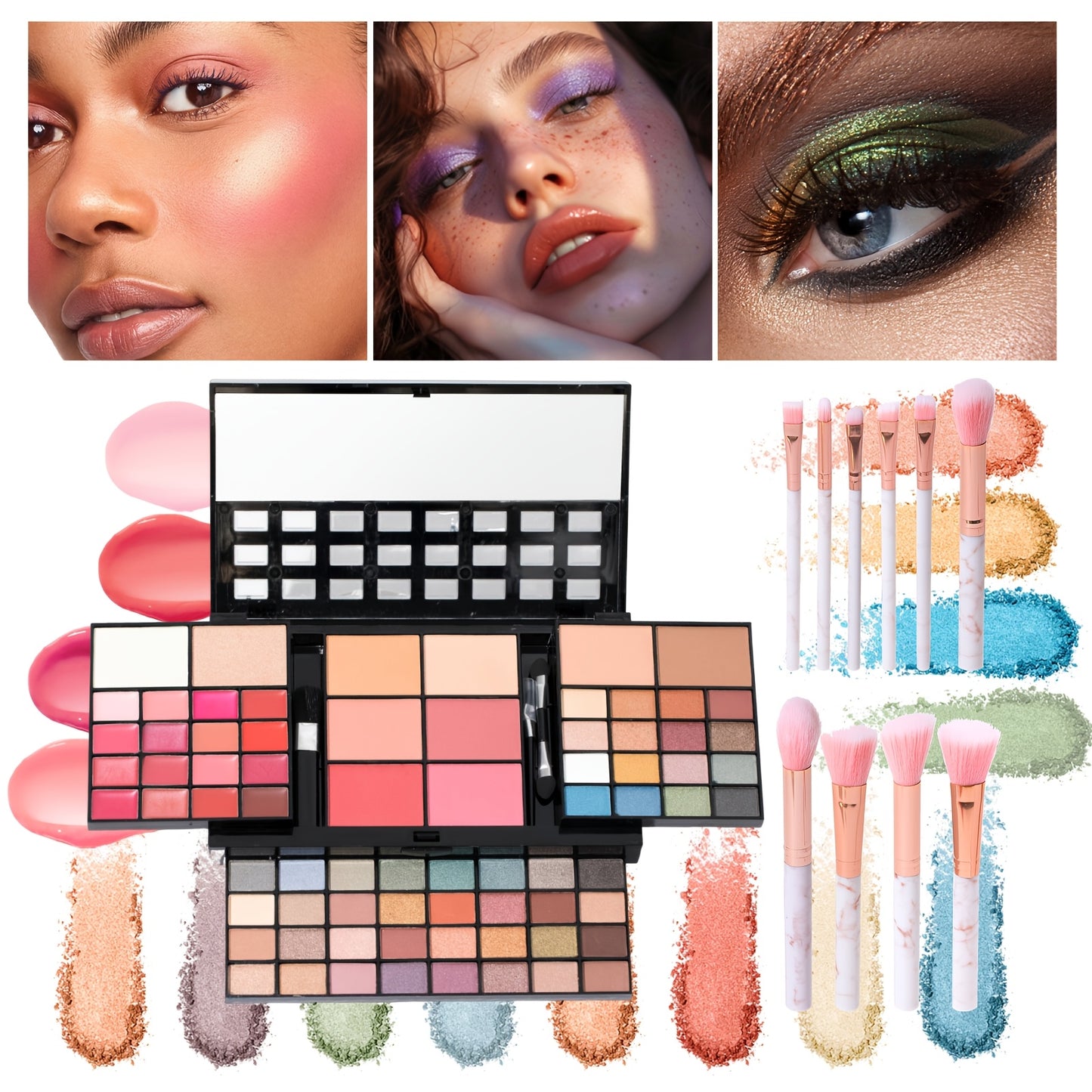 Makeup Kit Gift Box Silvery Multi-Functional Set with Mirror, Lipstick, Eyeshadow & Blush - Portable Long-Lasting Cosmetic Kit for Beginners & Teens, Multiple Shades, Perfect Gift for Women