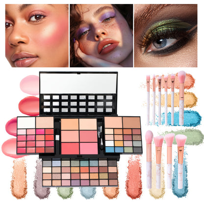 Makeup Kit Gift Box Silvery Multi-Functional Set with Mirror, Lipstick, Eyeshadow & Blush - Portable Long-Lasting Cosmetic Kit for Beginners & Teens, Multiple Shades, Perfect Gift for Women