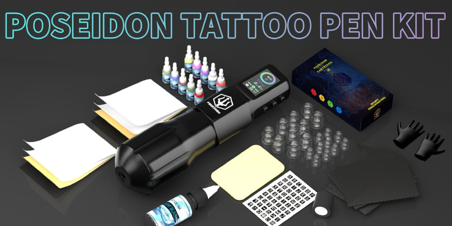 Wireless Tattoo Kit Complete - POSEIDON Battery Tattoo Pen LCD Color Screen 20 Cartridge Needles 11 Ink Bottles 6-Hour Runtime Full Tattoo Supplies for Beginners & Artists