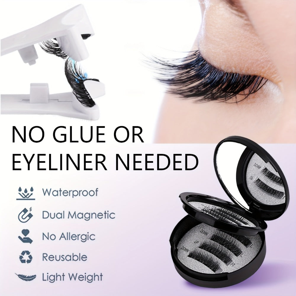 8pcs Natural Glue-3D False Eyelashes(One Box)- Reusable Double Magnetic False Eyelashes Set with Clips, Reusable, Waterproof, Glue, Easy to Wear, Women