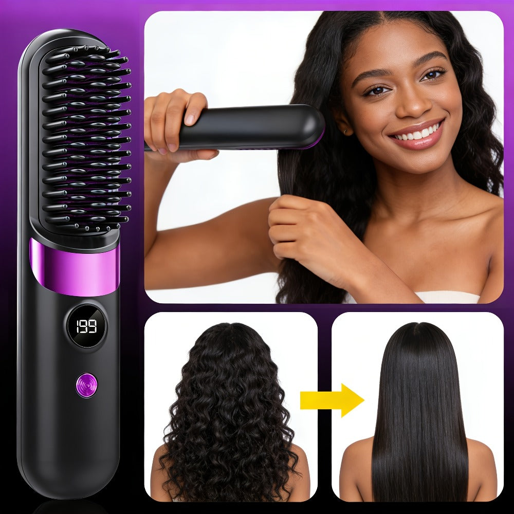 Ionic Hair Straightener Brush, USB-C Rechargeable And Adjustable Temperature - 3-In-1 Straightener for Frizz Control And Shine, Anti-Scald | Salon Results at Home