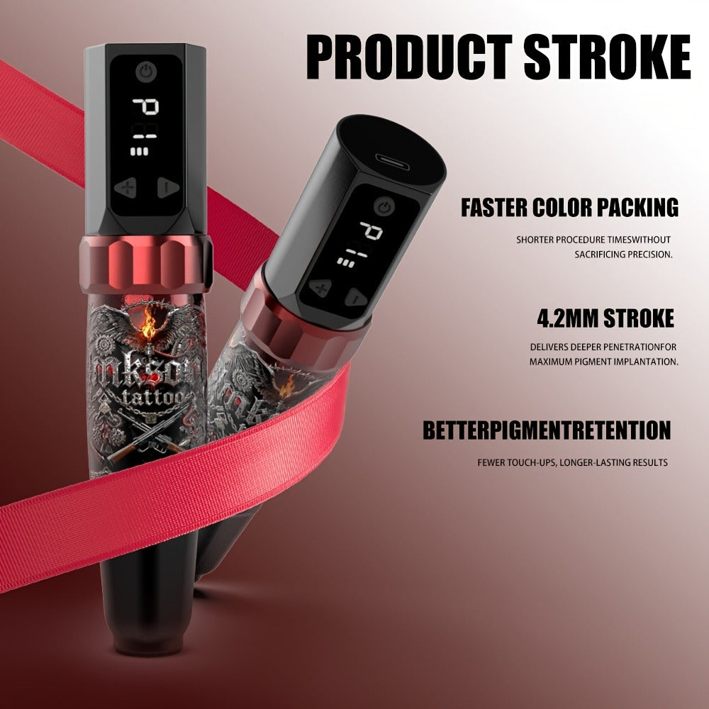INKSOUL Wireless Tattoo Machine Kit, Includes A 1500mAh Power Supply, 10 Tattoo Needles, 7 Bottles Of Tattoo Ink, As Well As Mixing Cups, Transfer Paper, And Other Tattoo Supplies. A Tattoo Kit Suitable for Beginners And Tattoo Masters.