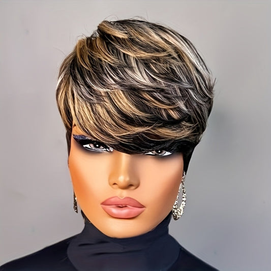 A Short Pixie Wig Designed for Black Women Featuring a Blend of Black And Blonde Colors. This Layered Wig Has a Short Haircut And Bangs, Making It a Convenient Option for a Quick And Easy Style. The Upper Part Is a Mix of Brown And Blonde