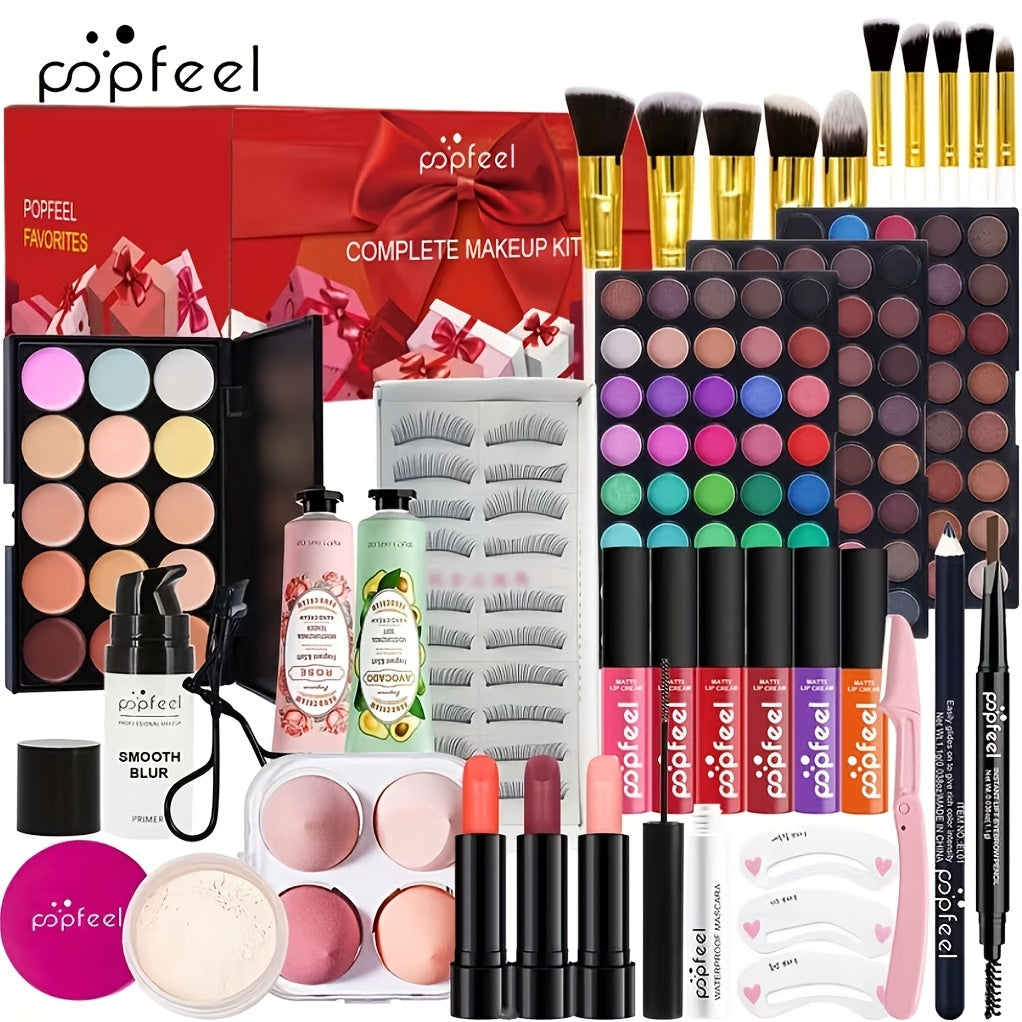 POPFEEL Full Makeup Gift Set with Highlighter Powder & Brushes - Complete Eyeshadow, Mascara, Eyebrow Pencil Palette Suitable for Spring Summer Looks, Berry// Colors, for Skin Tones, Valentine's Day Beauty Bundle