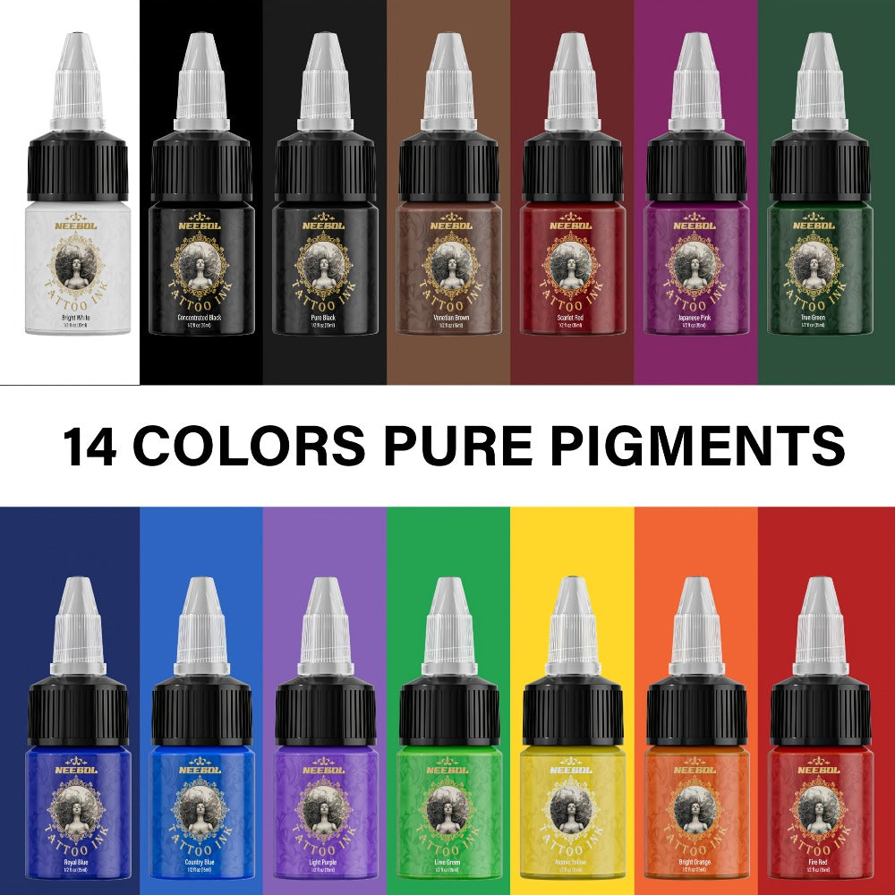 Tattoo Ink Set 14 & 21 Colors 0.5oz Per Bottle — Vibrant Long-Lasting Pigment Kit for All Tattoo Styles, Body Art & Permanent Makeup, Beginners & Professional Artists