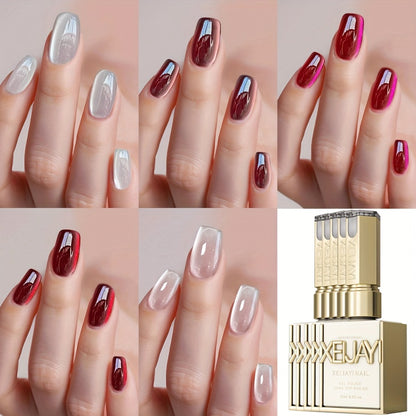 Cat Eye Gel Nail Polish Set 5pcs - Magnetic UV Gel Polish Kit with Ruby Red, Porcelain White, Glass Bead Effect, Sparkling Shimmer Finish for Home & Salon Nail Art