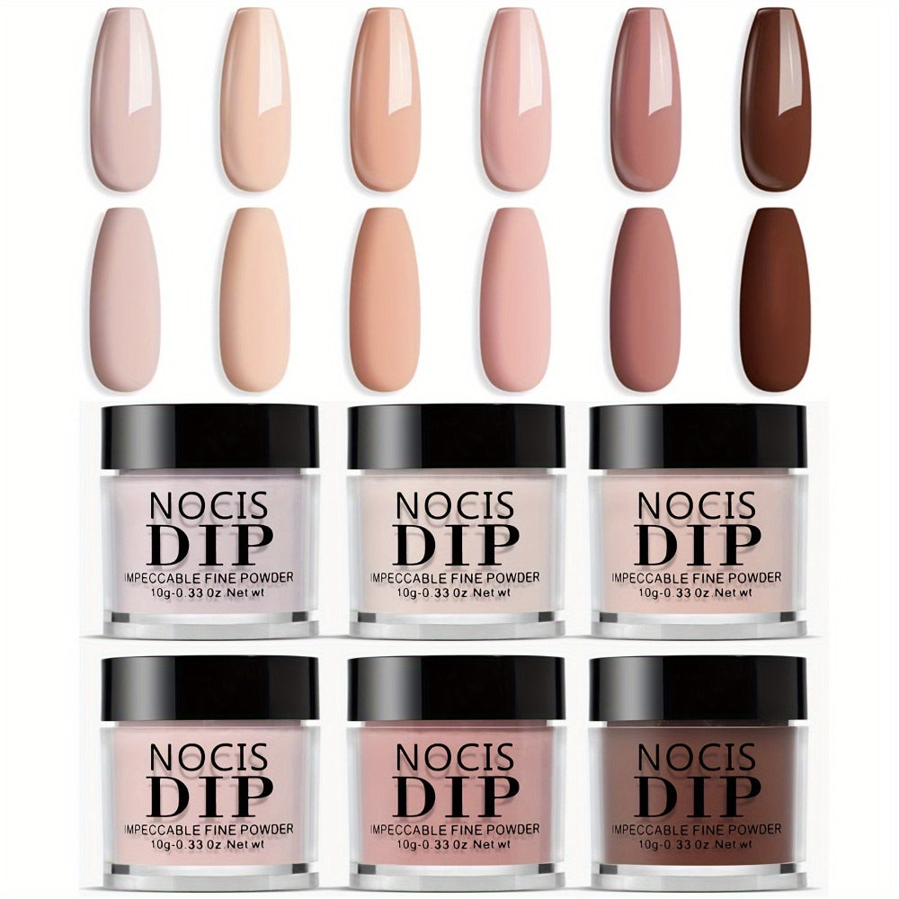 NOCIS 6pcs Nude Acrylic Dipping Powder Set - All Seasons Light Beige Tones, Brown Neutral Shades for 3D Nail Art, French Extensions & Carving, Odorless, No Power Needed, Perfect Gift for Women