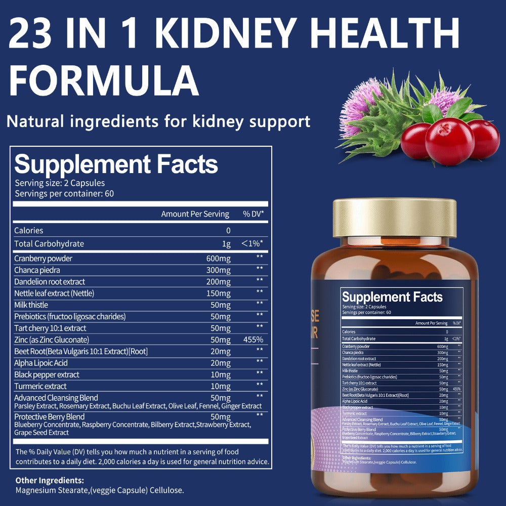 Kidney Support Capsules 120 Counts, 23 IN 1 Kidney Support Supplement Extra Strength with Chanca Piedra, Cranberry Supports Liver & Kidney Function Bladder Health