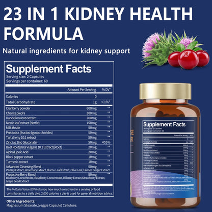 Kidney Support Capsules 120 Count 23-in-1 Extra Strength Supplement with Chanca Piedra, Cranberry for Liver & Kidney Function, Bladder Health & Urinary Tract Support