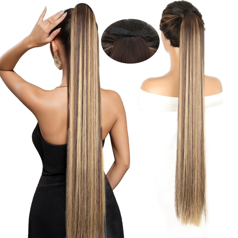Straight Ponytail Extension 34 Inch - Ribbon Wrap Long Sleek Hairpiece High Temperature Fiber for Women Daily Wear Festive Occasions Mixed Brown Linen Champagne Olive