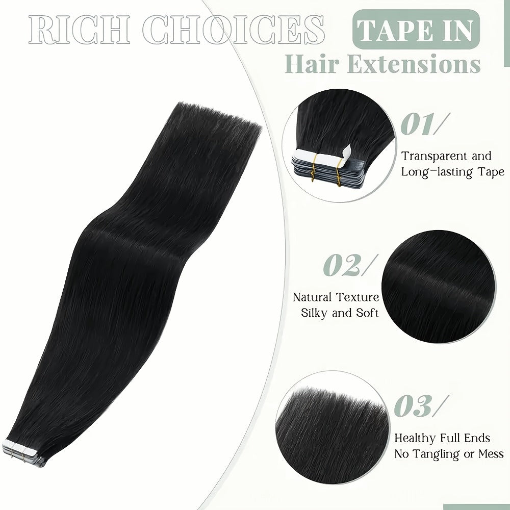 Tape In Hair Extensions Human Hair Straight Natural Black 1B Seamless Skin Weft 10pcs 30g Per Pack 16-24 Inch Women Invisible Blend Volume Length
