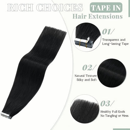 Tape In Hair Extensions Human Hair Straight Natural Black 1B Seamless Skin Weft 10pcs 30g Per Pack 16-24 Inch Women Invisible Blend Volume Length