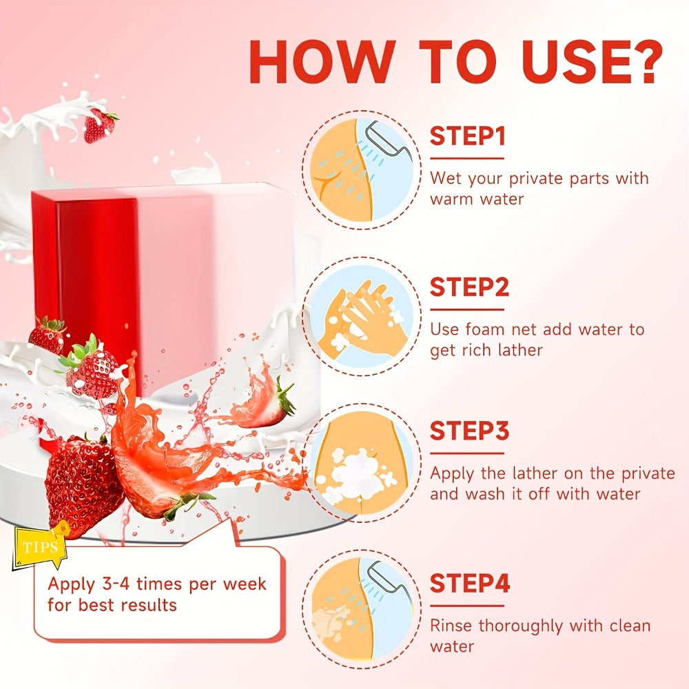 4pcs Women's Bath Set with Strawberry Scented Yoni Oil And Yoni Soap. The Yoni Bath Set Is Used to Balance, Remove Odors, Moisturize, Soap, And Bath Products