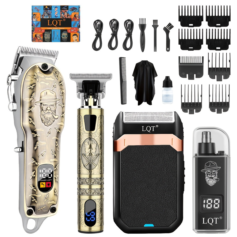 Electric Hair Clipper Set for Men LQT USB Charging 2000mAh with Engraving Scissors Metal Digital Display - 2 or 3 Piece Barber Kit for Home & Salon Bronze Gift