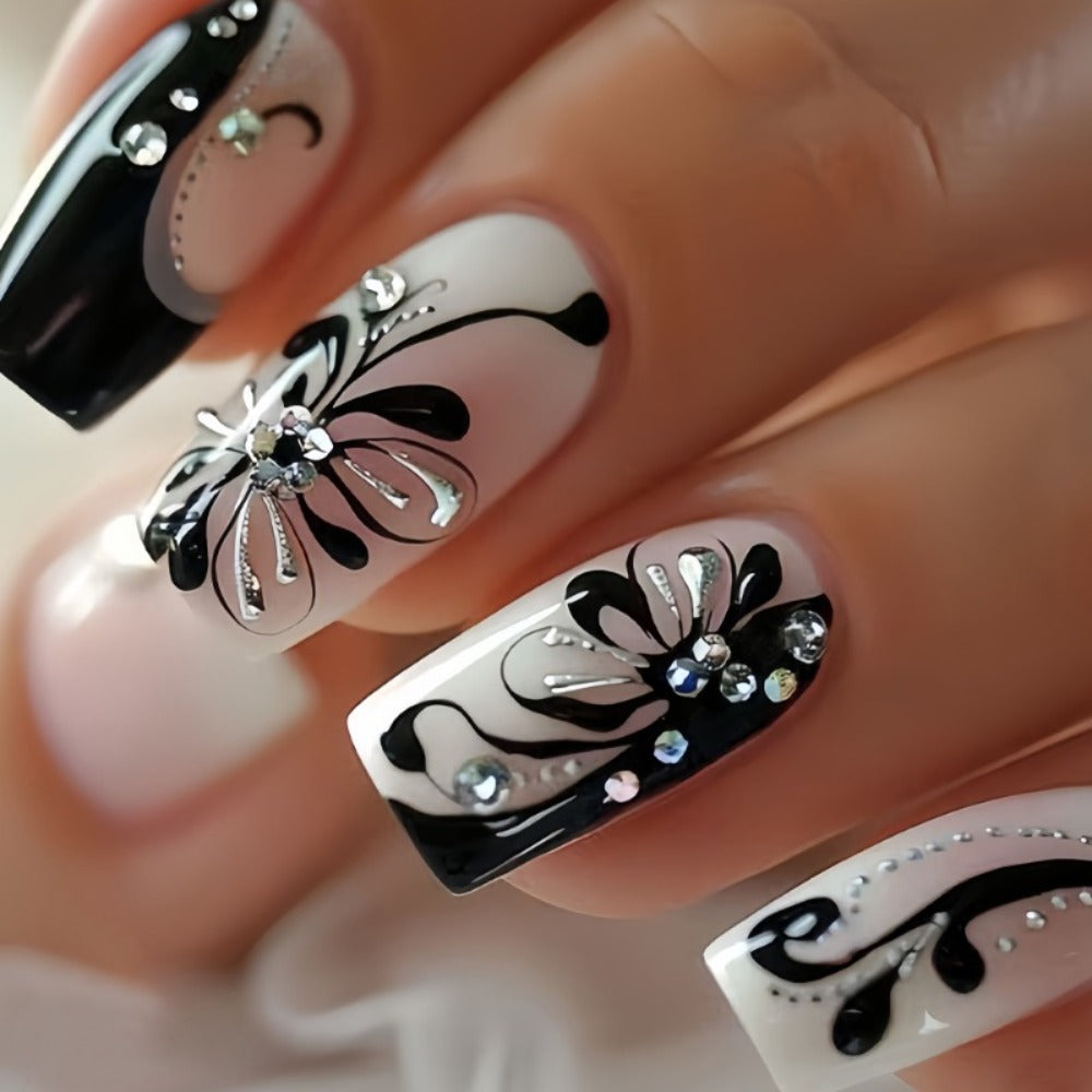 48pcs Black and White Suit Fake Nails Square French and Butterfly Pattern Full Coverage Fake Nails Fake Nails Detachable Nail Suit Is an Excellent Choice for Ladies and Valentine's Day Thanksgiving Holiday Party Gifts.