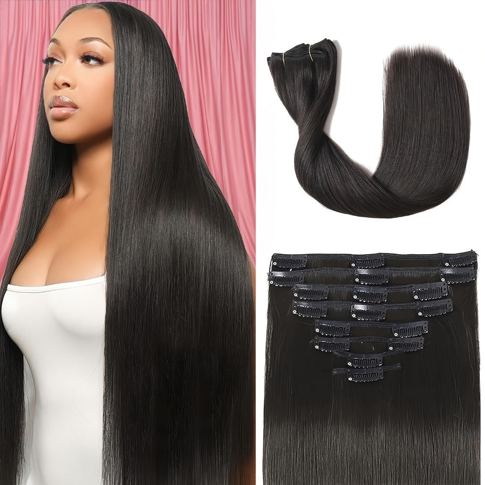 Clip In Hair Extensions Human Hair Straight — Brazilian Natural Black, 8 Pcs 18 Clips, Unprocessed Full Head Set, 12–24 Inch