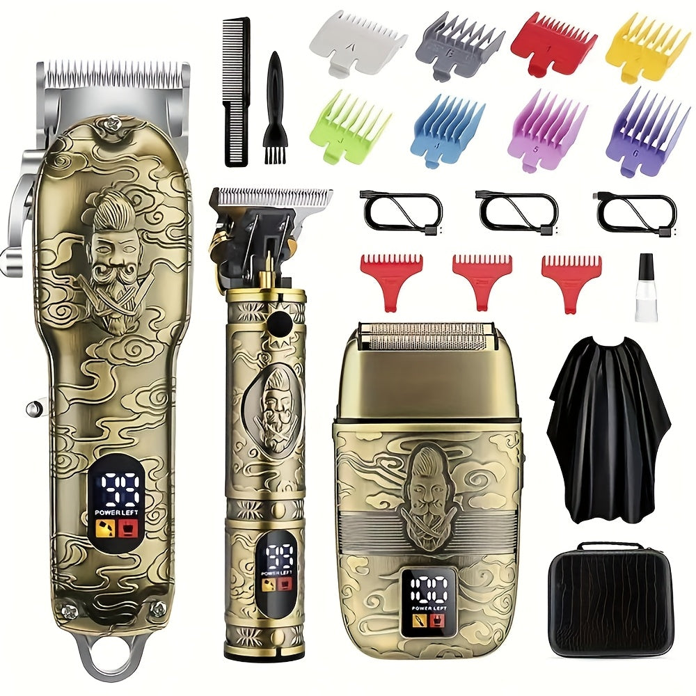 Professional Hair Clippers & Trimmer Set for Men — T-Blade Trimmer, Nose Hair Trimmer, Electric Razor, LCD Display, USB Rechargeable, Zinc Alloy Body, Ergonomic Grooming Kit