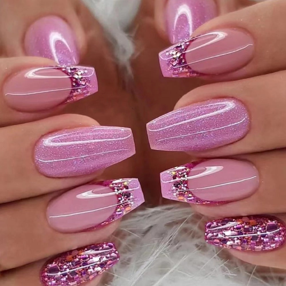5pcs 120pcs Sparkling Glitter Coffin Nails - Medium Length with Sequins Designs Durable Glossy Pinkish Purple Acrylic - Full Cover False Nails for Women-Easy Press-On, Secure Glue-On,  Nail Art, Press On Manicure, Beauty Lovers