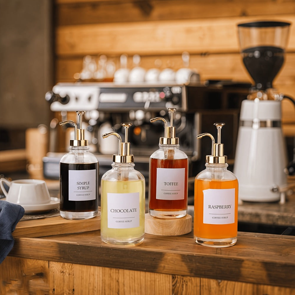 4pcs Glass Pump-Style Syrup Dispenser Set for Condiments Glass Syrup Dispenser with Label And Silicone Funnel 16.9oz/ 500ml Syrup Pump Dispenser Coffee Bar Accessories Simple Syrup Bottle with Pump Gift for Mom Moving Day Decor