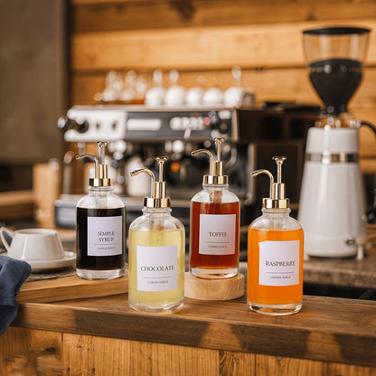 Glass Syrup Dispenser with Pump 4 Pack 16.9oz 500ml Set with Silicone Funnel and Labels Coffee Bar Accessories Condiment Dispenser for Simple Syrup Sauce Kitchen