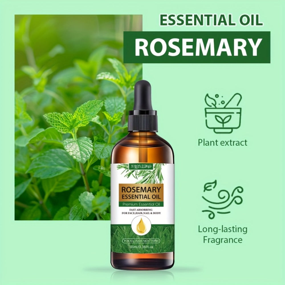 Rosemary Essential Oil for Hair Growth & Skin Care — Treats Split Ends, Enhances Eyebrows & Eyelashes, All Hair Types, Face & Body Bath Oil 3.38oz