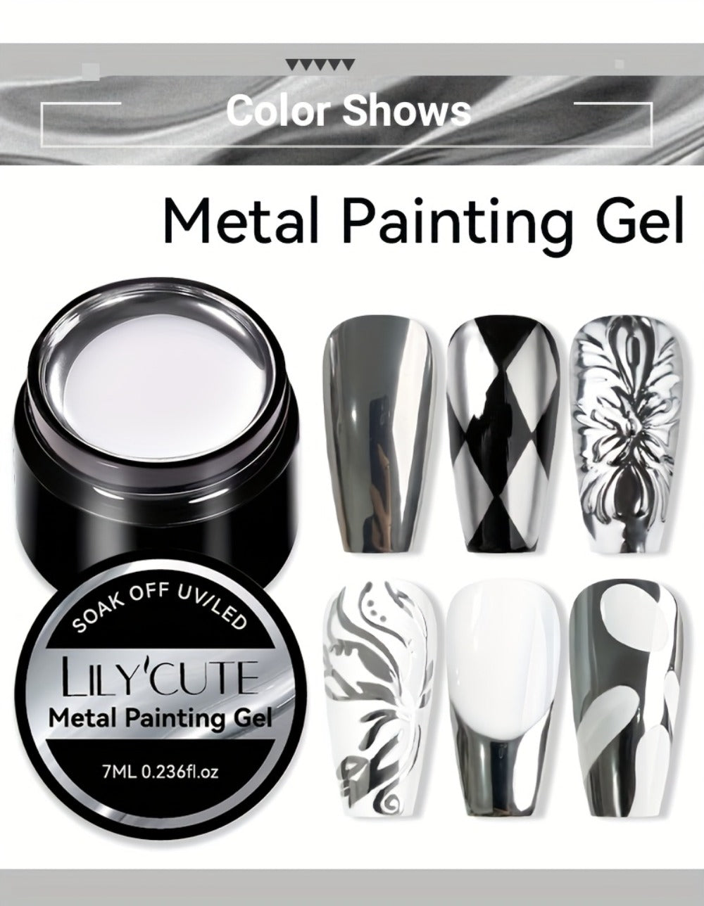 LILYCUTE 0.24oz Metal Effect Line Flower Drawing Gel with Brush Soak Off Painting Gel Polish LED Manicures for Nail Art DIY
