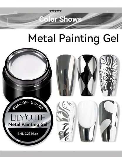 Nail Art Painting Gel Metal Effect 0.24oz with Brush Soak Off UV LED Mirror Metallic Silver Line Drawing Gel Polish for Flower Nail Art DIY Home Salon Manicure