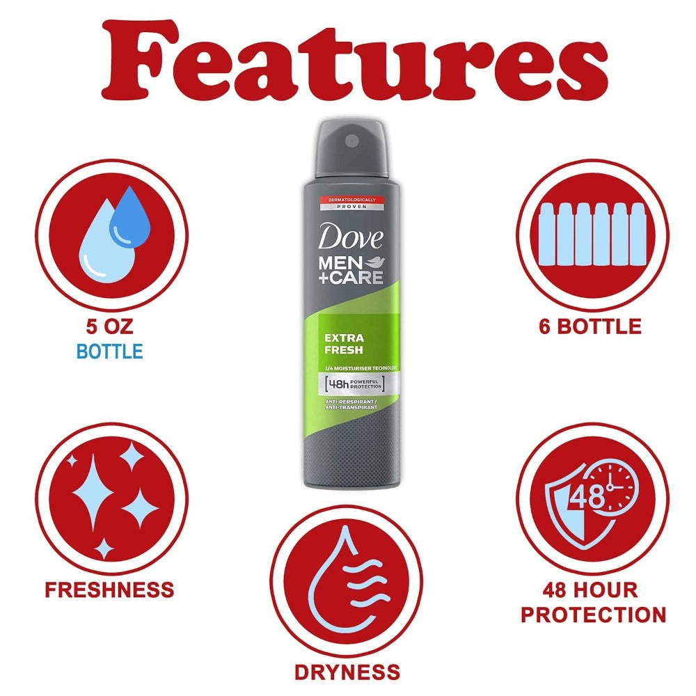 Dove Go Fresh Extra Fresh Deodorant Spray 150ml / 5oz Long-Lasting Dry Comfort Body Spray for Women Quick Dry Aerosol Light Fresh Scent Daily Underarm Care Smooth Skin Feel 48 Hour Protection Inspired Freshness Gentle Care Everyday Confidence Travel Frien