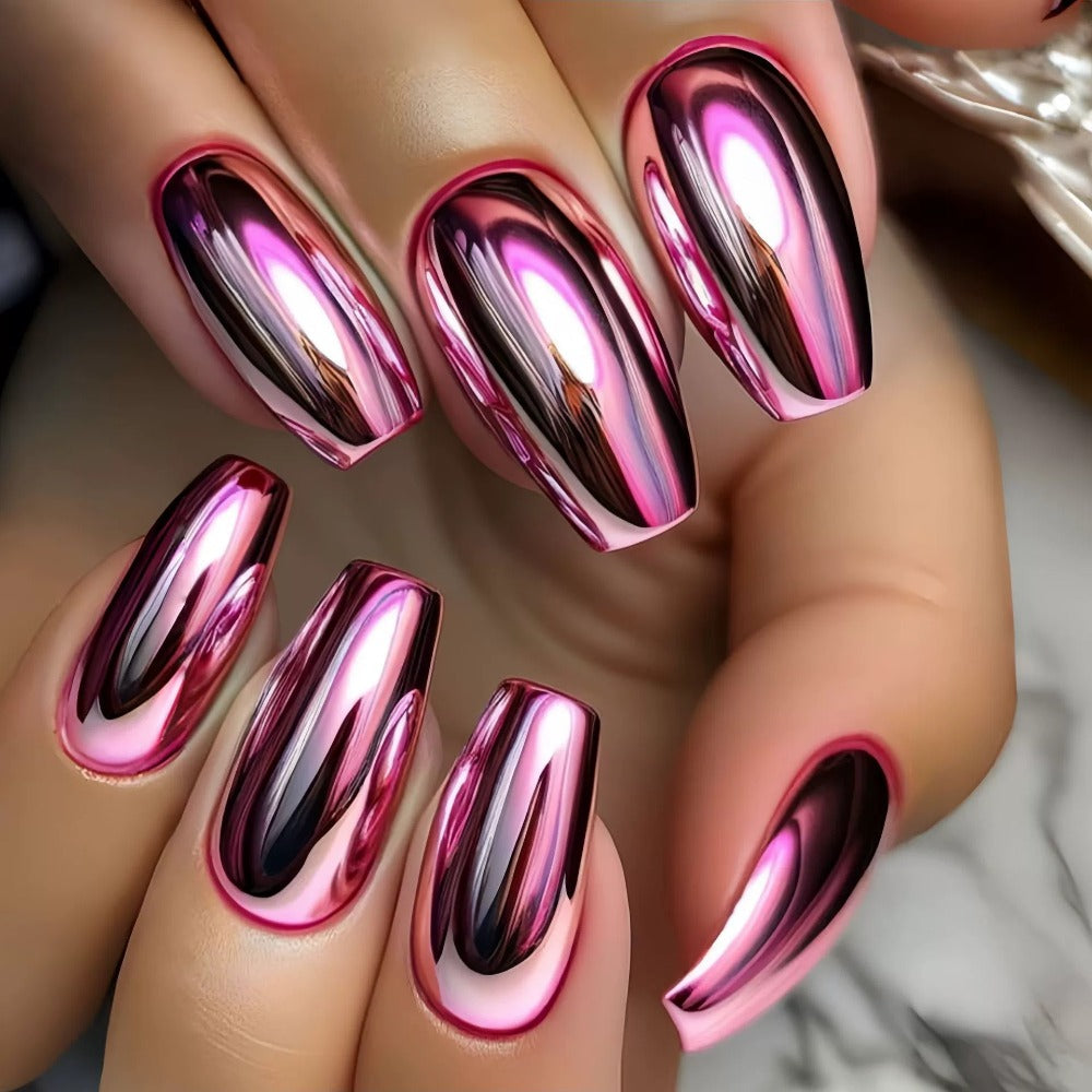 216pcs (9pcs) Solid Color Cool Almond Shaped Nail Pressure Purple, Pink, Silvery, and Golden Gradient Fake Nails, French Style Pointed Fake Nails, Daily and Holiday Nail Full Set Acrylic Nail Glue for And