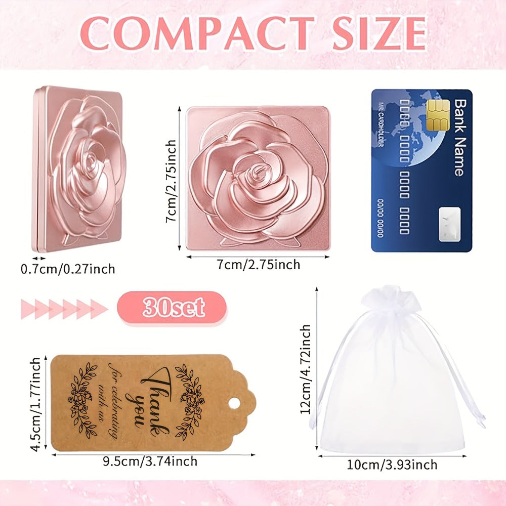 Compact Mirror Wedding Favors Bulk - 30 Sets Rose-Shaped Portable Purse Mirrors with Thank You Tags & Organza Bags, Bridal Shower Bachelorette Party Graduation Gift for Guests