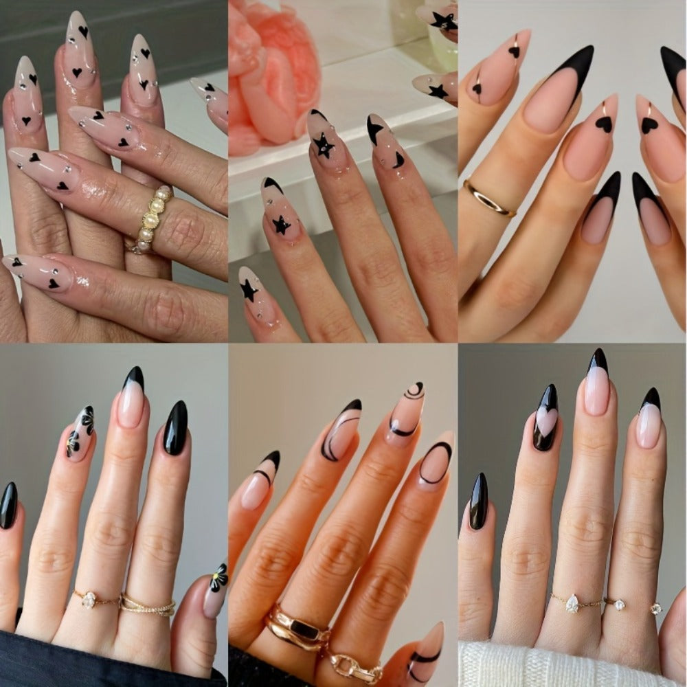 144pcs Pink Press On Nails Short Almond - Flower Small Flowers Fake Nails Rhinestone Press Ons Black French Nail Tip Glue On Nails with Cute Design Full Cover False Nails Stick On Nail Acrylic Nail Art Kit