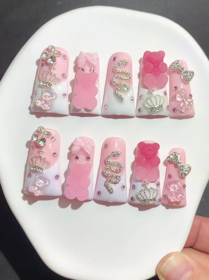 French Tip Press On Nails Long Duckbill 10pcs Pink White Glitter AB Multi-Color Glass Rhinestone Sugar Bear Cute Cartoon Handmade Wearable False Nails for Wedding Party Back to School Gift S L