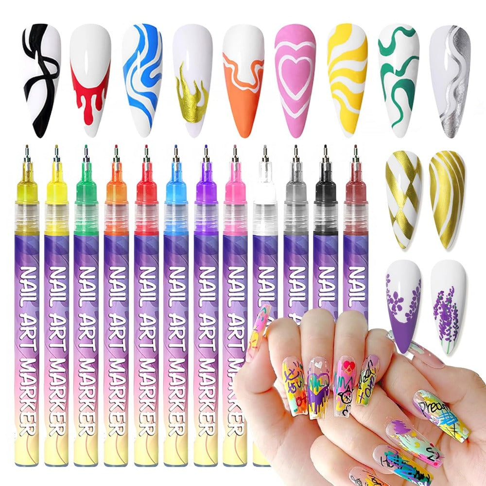 12pcs DIY Nail Art Pens Fashion Nail Art Fine Decorations - Easily Create Complex Designs - Easy-to-Use Multi-Occasion DIY Nails - 0.5mm Nail Art Pen Set - Ideal Christmas & New Year Gift