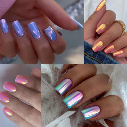 Press On Nails 96 Pieces 4 Packs - Pink Chrome Short Square Fake Nails | Glossy Acrylic Full Cover False Nails for Women Girls, Summer Dating Personalized Nail Art Kit