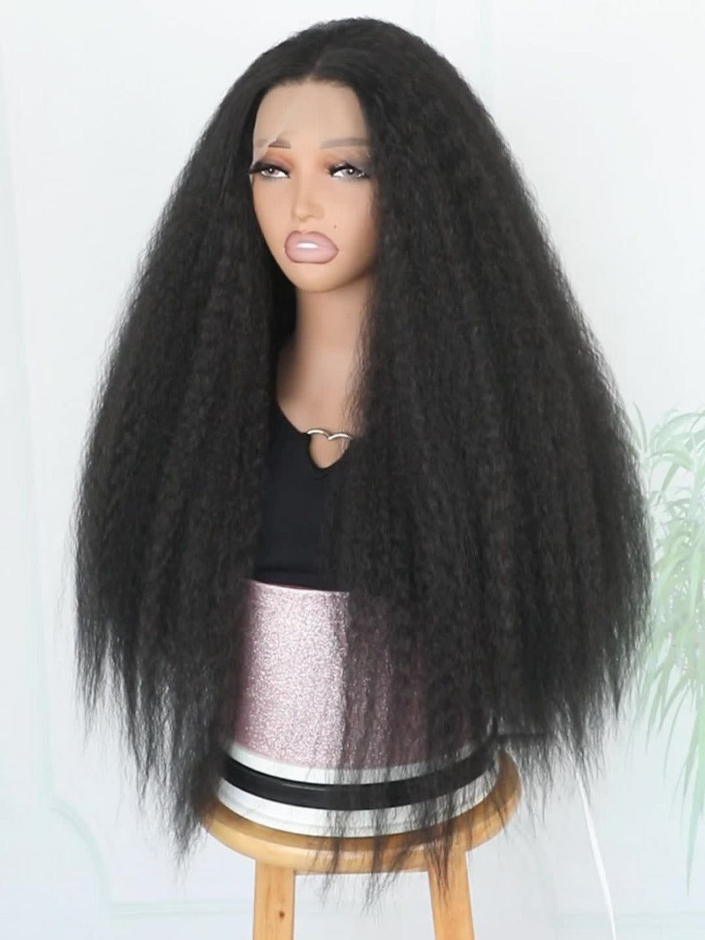 Kinky Straight Wig Lace Front Synthetic 26 Inch Black Yaki Texture HD Lace Glueless Pre Plucked Hairline Heat Resistant 160°C Adjustable Cap for Women Beginner Friendly