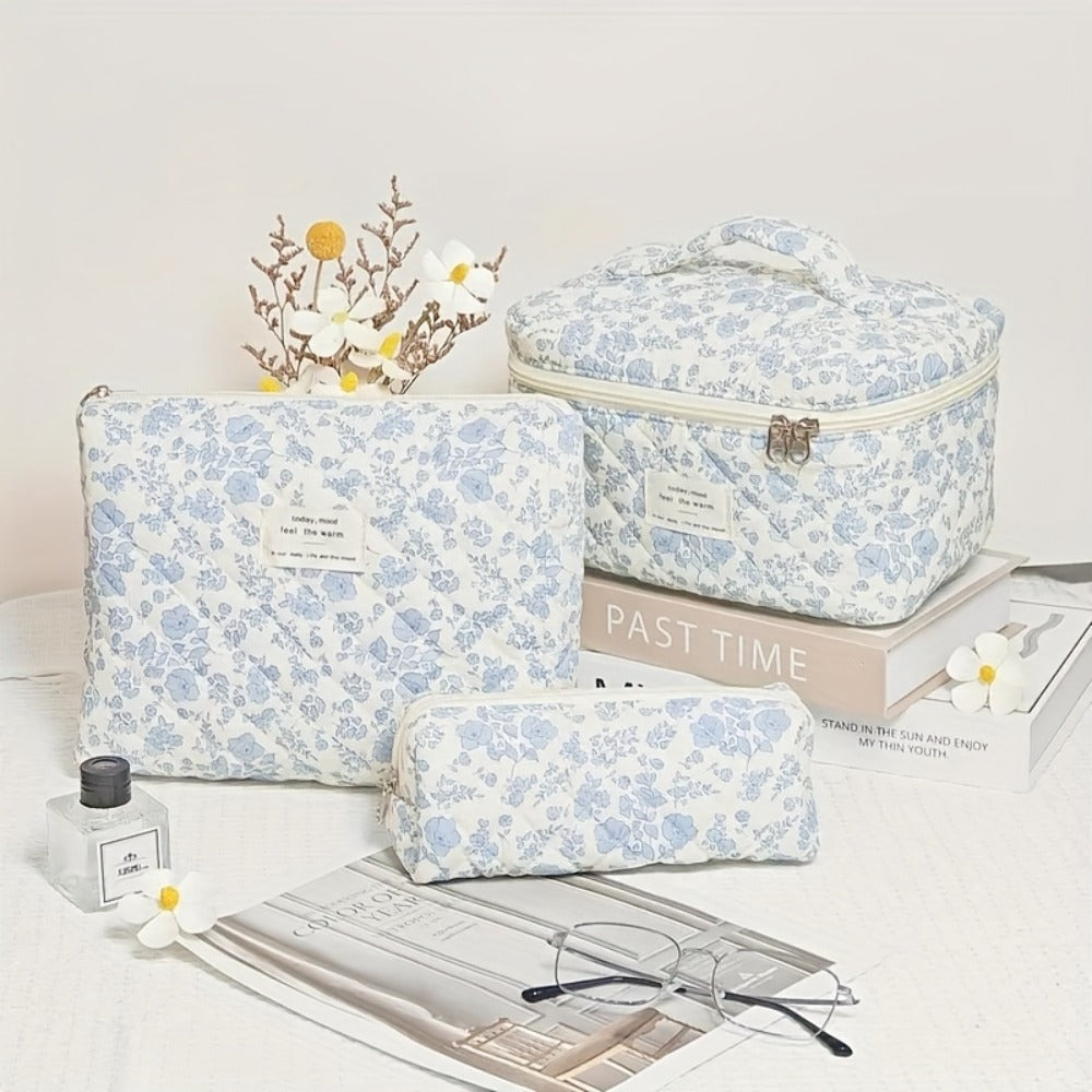 Large Capacity Floral Pattern Quilted Makeup Bag Set, 3 Counts Travel Cosmetic Bags, Stay Glam On-the-Go, Portable Zipper Makeup Organizer Pouches for Skincare, Cream, Lip Balm, Eyeliners, Makeup Tools, Makeup Container Set, Makeup Storage Organizer